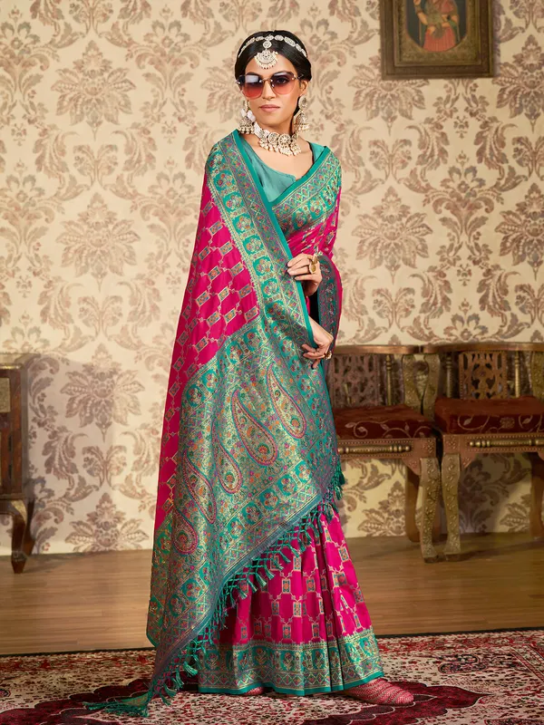 Latest magenta silk minakari saree