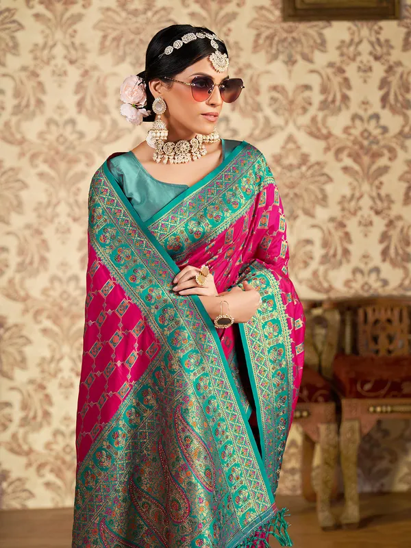 Latest magenta silk minakari saree