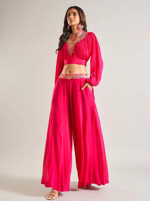 Latest magenta silk palazzo salwar suit