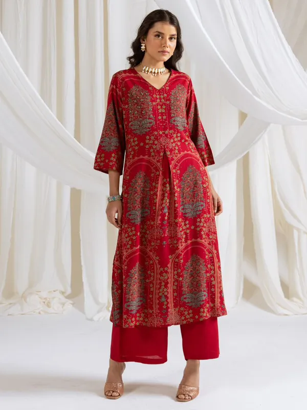 Latest maroon printed cotton silk kurti set