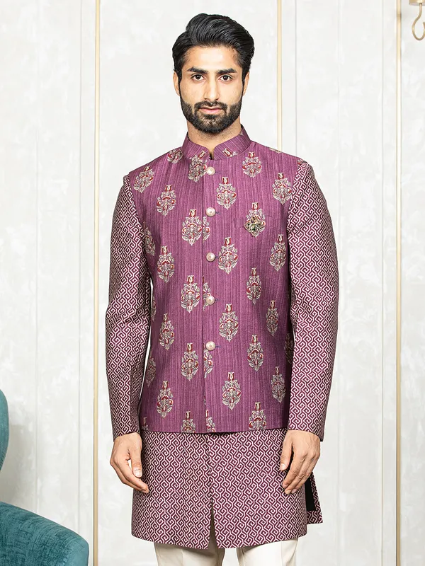 Latest mauve pink printed waistcoat set