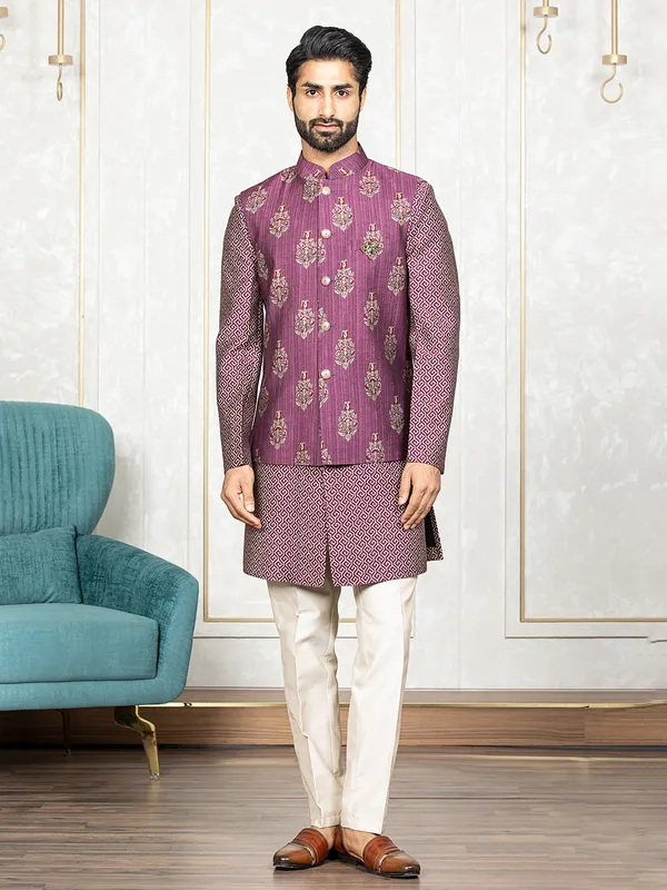 Latest mauve pink printed waistcoat set
