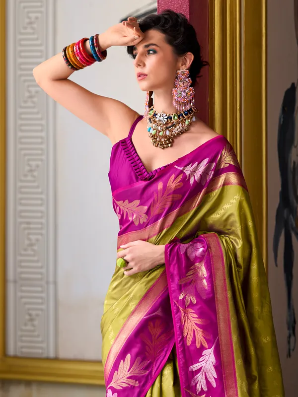 Latest mehendi green festive style saree in soft silk