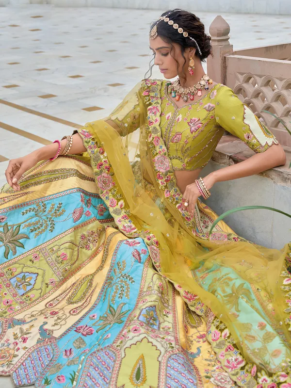Latest mehendi green silk wedding style lehenga choli