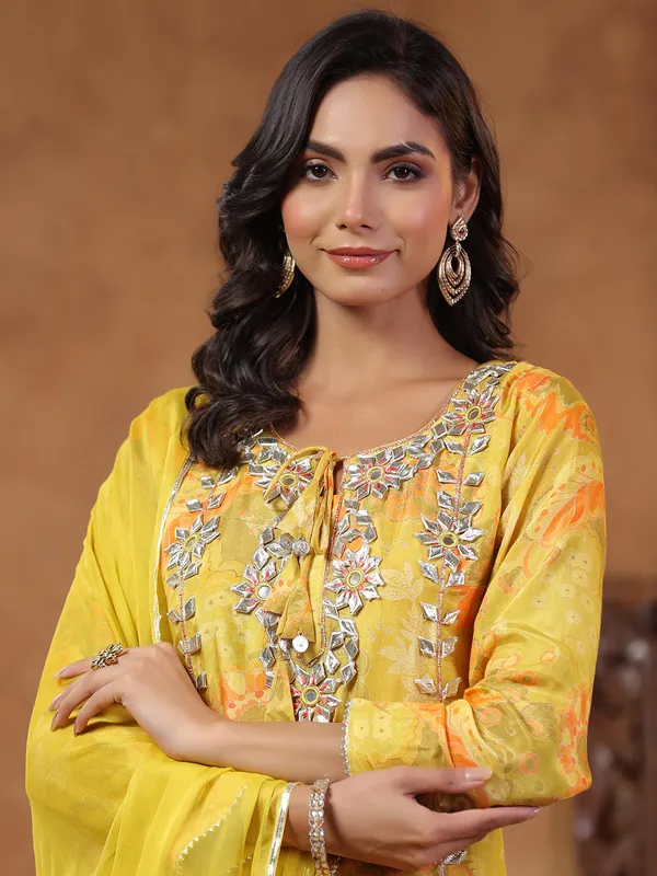 Latest mehendi yellow kurti set with dupatta