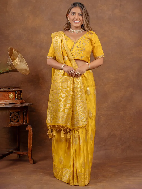 Latest mustar yellow tissue silk saree
