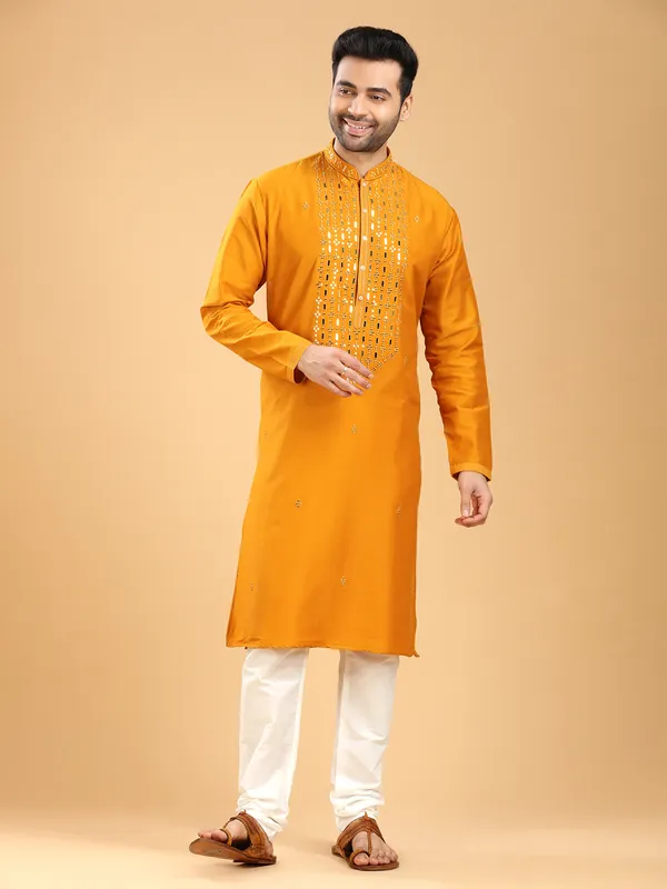 Latest mustard yellow cotton  Men Kurta pajama