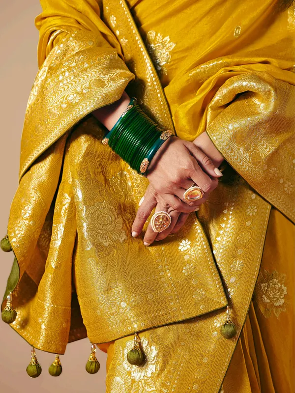 Latest mustard yellow  dola silk saree for wedding