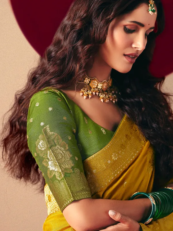 Latest mustard yellow  dola silk saree for wedding