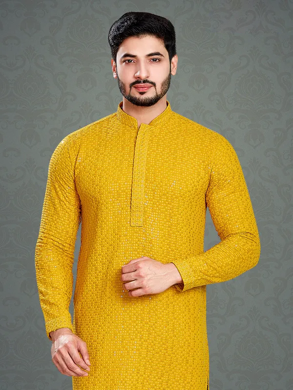 Latest mustard yellow embroidery cotton kurta suit
