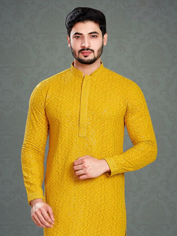 Latest mustard yellow embroidery cotton  Men Kurta pajama