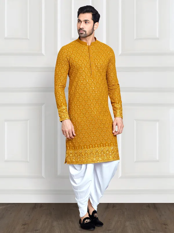 Latest mustard yellow embroidery  Men Kurta pajama