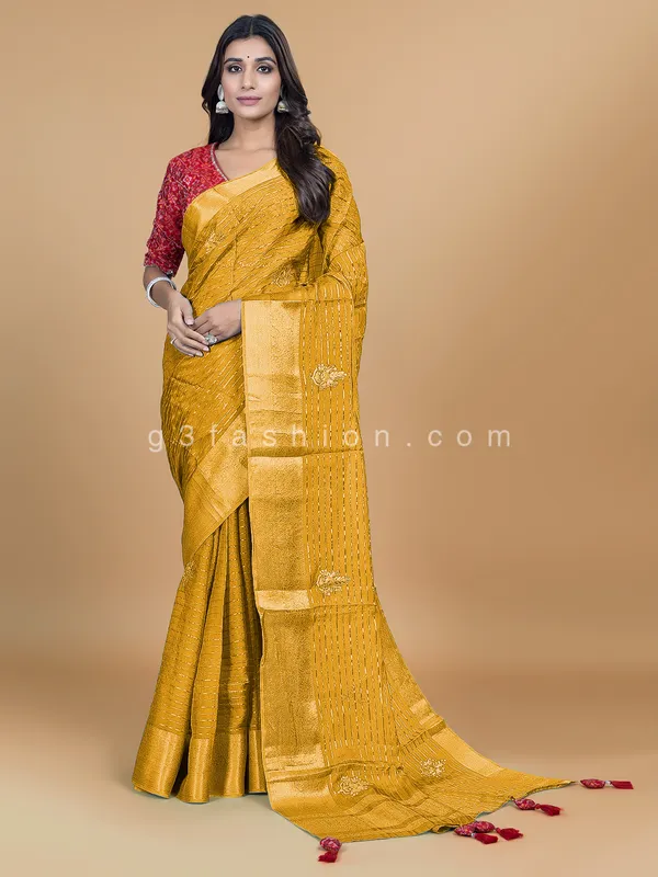 Latest mustard yellow organza saree