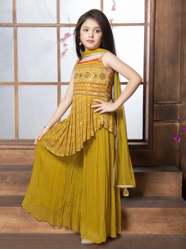 Latest mustard yellow palazzo suit in georgette