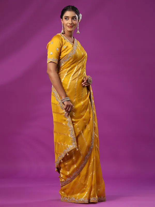 Latest mustard yellow silk saree for wedding