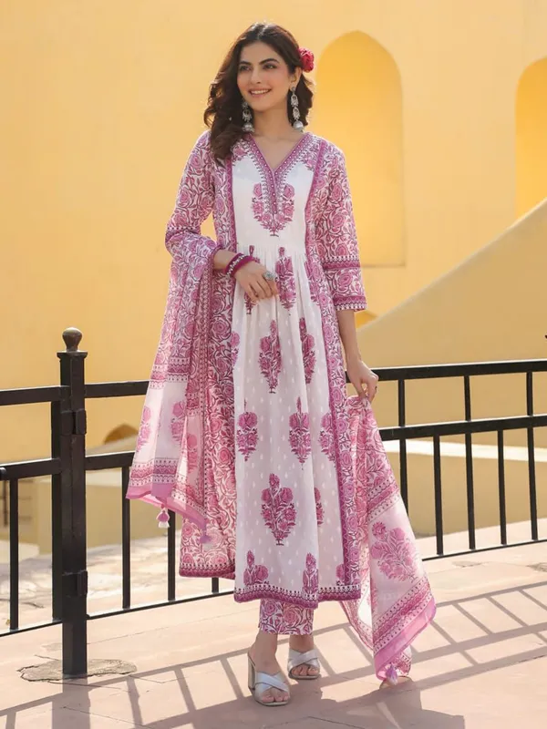 Latest off white and pink cotton printed kurti set