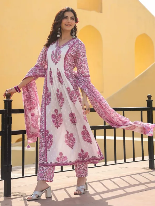 Latest off white and pink cotton printed kurti set