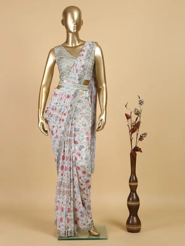 Latest off white georgette ready to wear saree