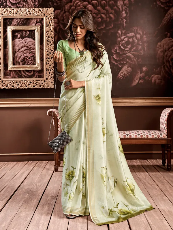 Latest off white silk printed saree