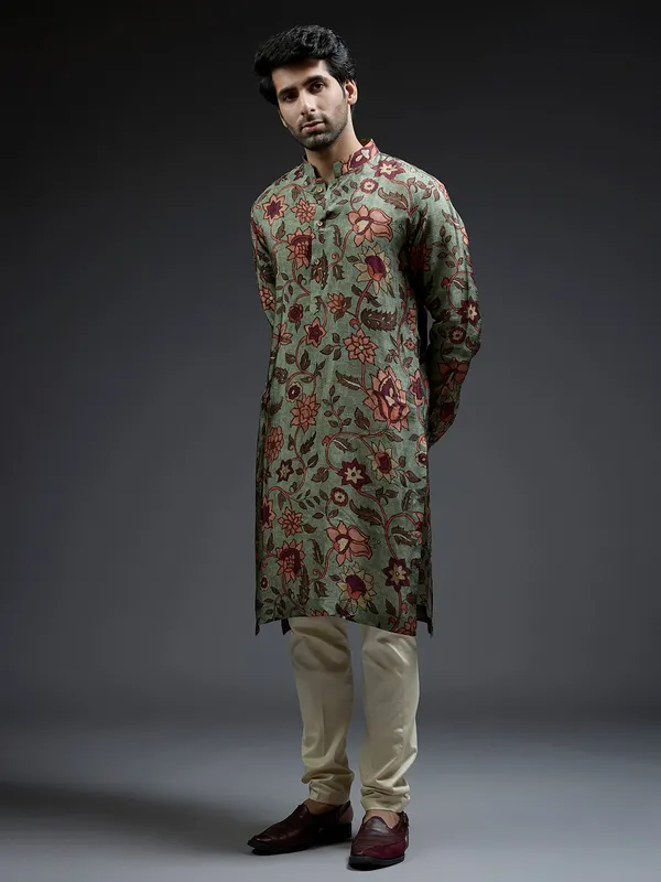Latest olive flower printed silk kurta suit