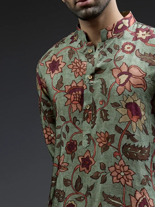 Latest olive flower printed silk kurta suit