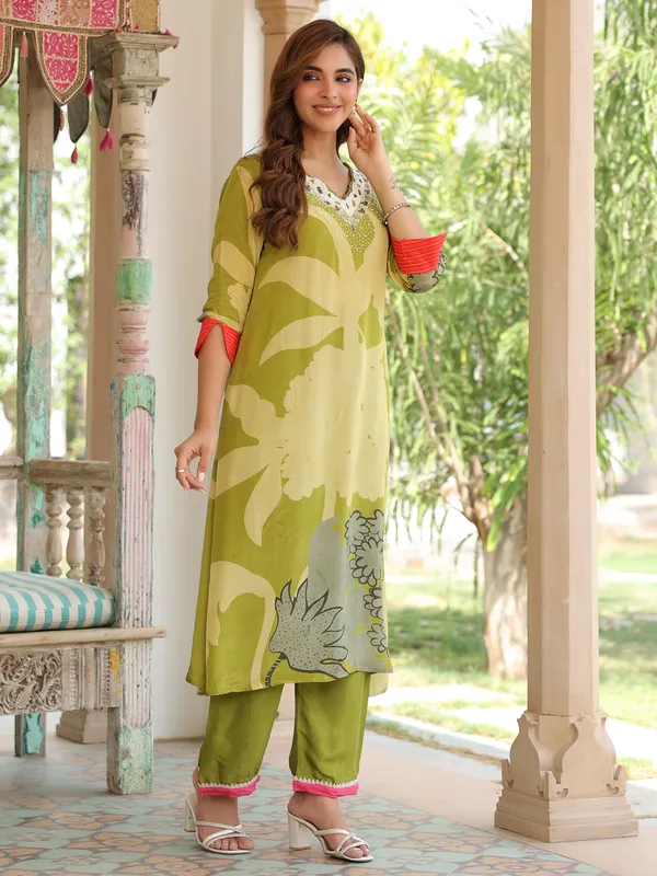 Latest olive printed rayon cotton kurti set