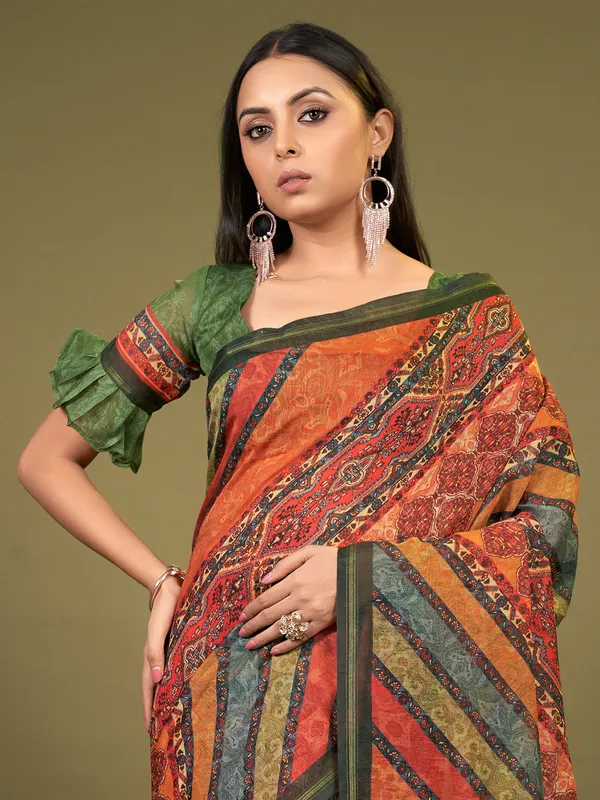 Latest orange printed cotton festive saree