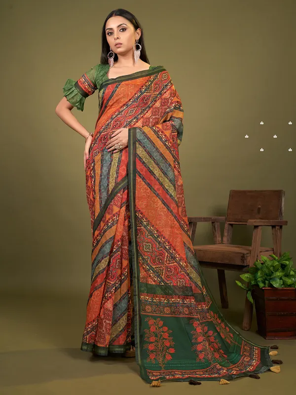 Latest orange printed cotton festive saree