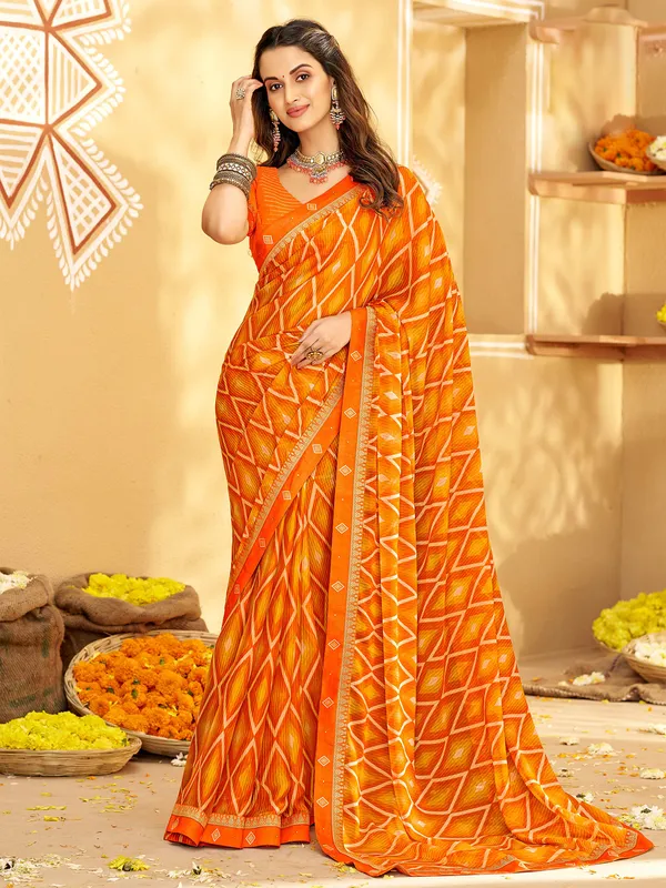 Latest orange printed saree in georgette
