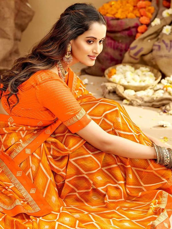 Latest orange printed saree in georgette