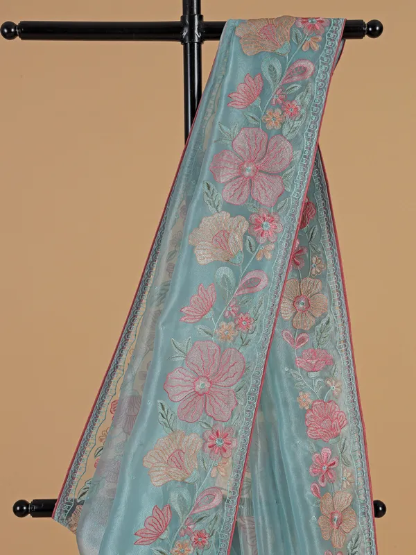 Latest organza saree in sky blue