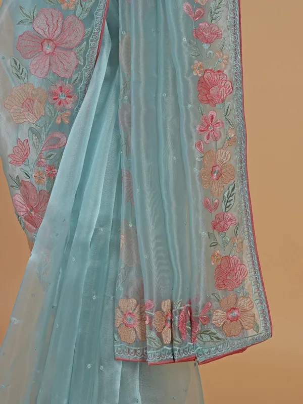 Latest organza saree in sky blue