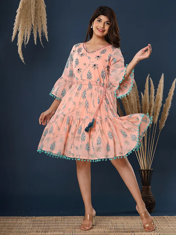 Latest peach cotton casual wear printed kurti