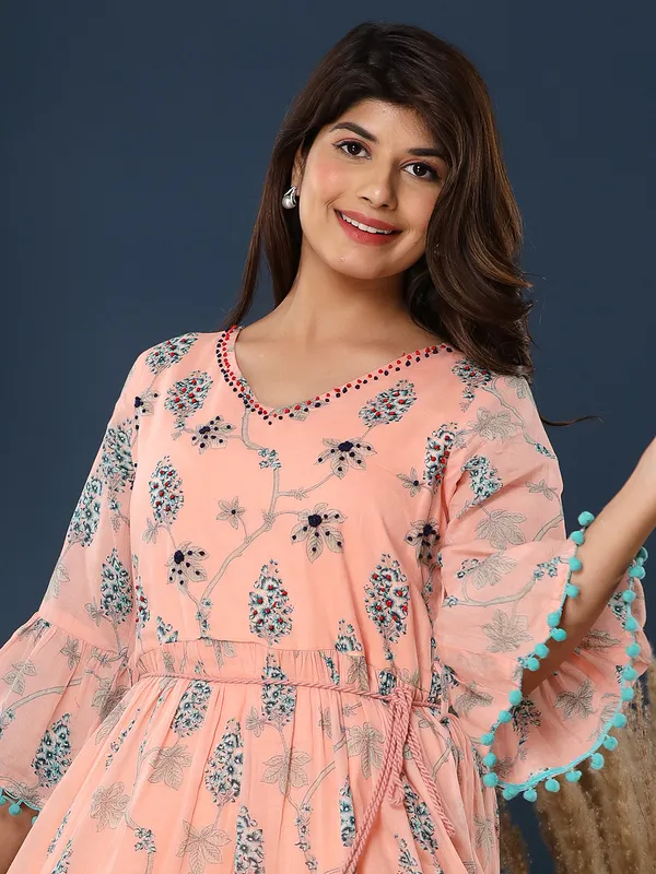 Latest peach cotton casual wear printed kurti