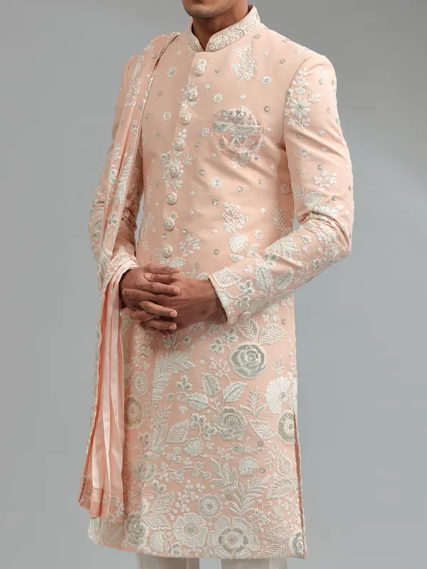 Latest peach floral embroidery silk sherwani