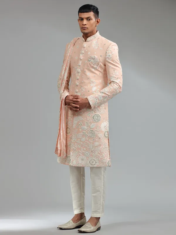 Latest peach floral embroidery silk sherwani