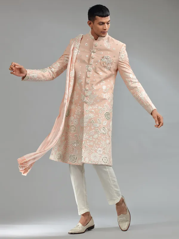 Latest peach floral embroidery silk sherwani