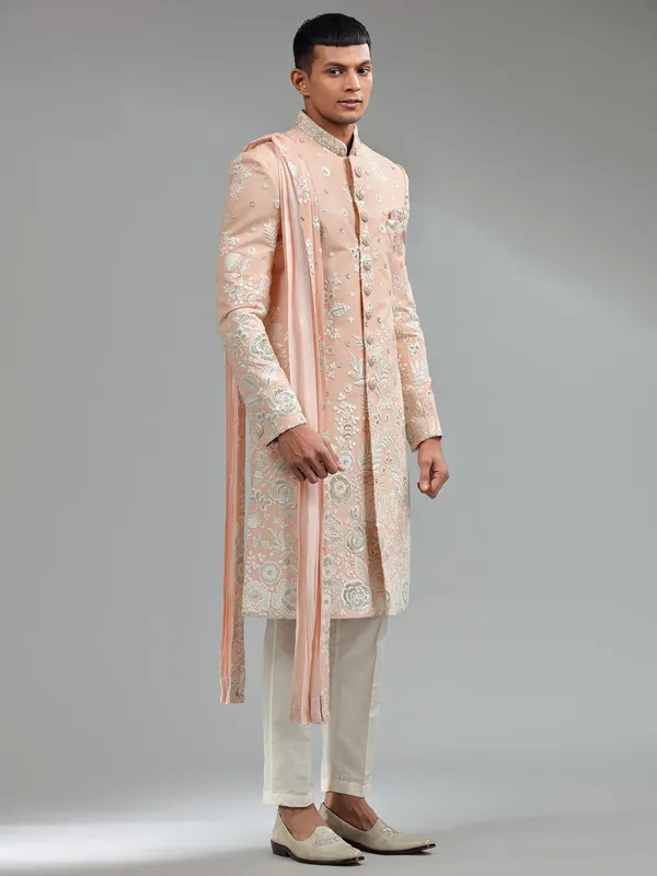 Latest peach floral embroidery silk sherwani
