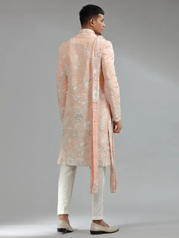Latest peach floral embroidery silk sherwani