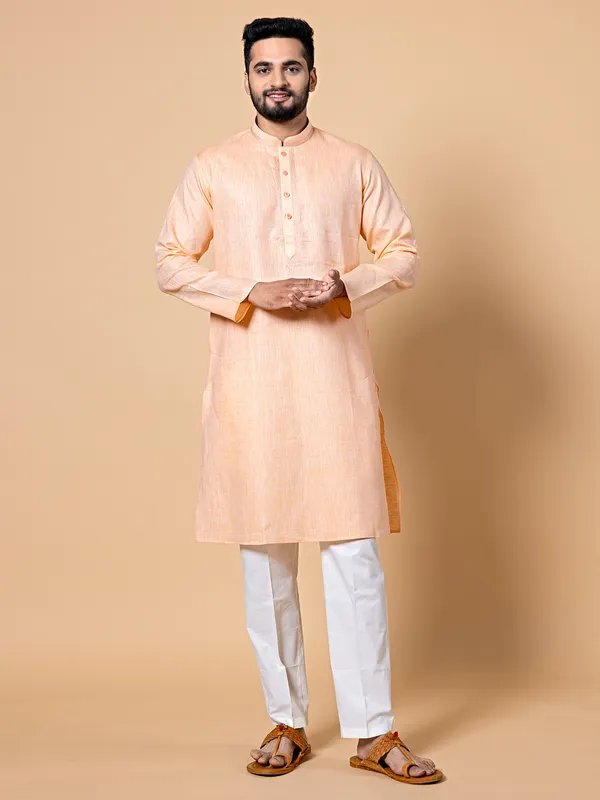 Latest peach plain linen kurta set