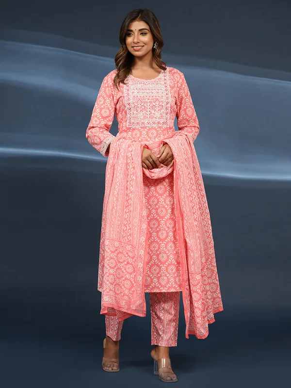 Latest peach printed embroidery kurti set