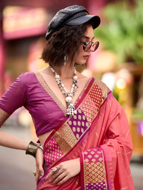 Latest peach saree in banarasi silk