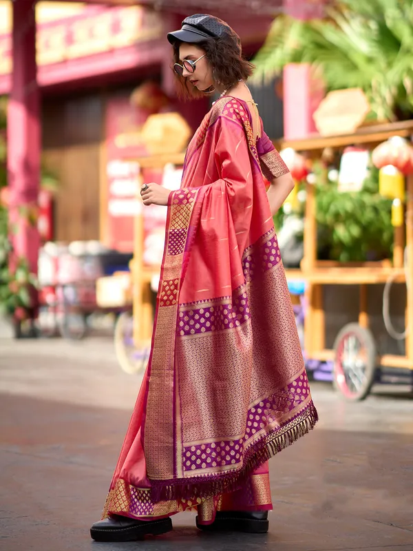 Latest peach saree in banarasi silk