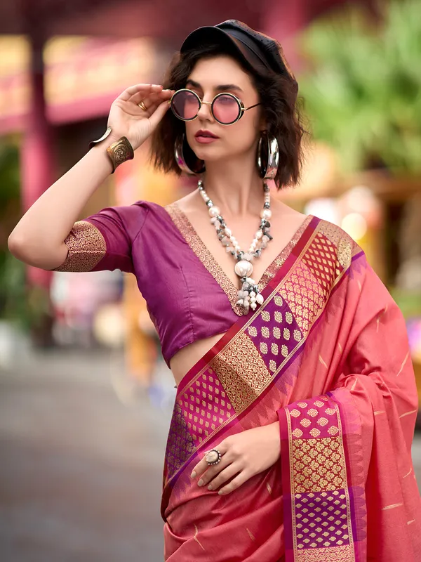 Latest peach saree in banarasi silk