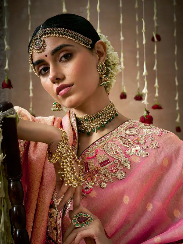 Latest pink saree in dola silk