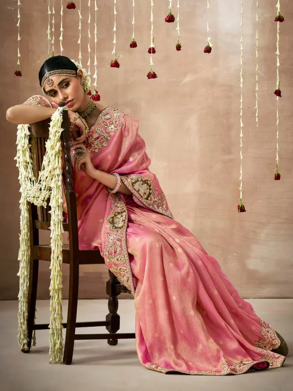 Latest pink saree in dola silk