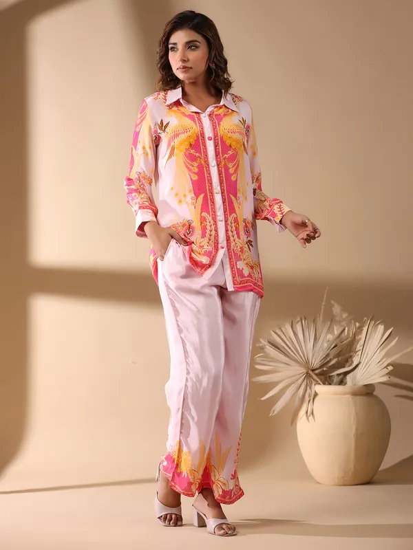 Latest pink satin silk printed co-ord set