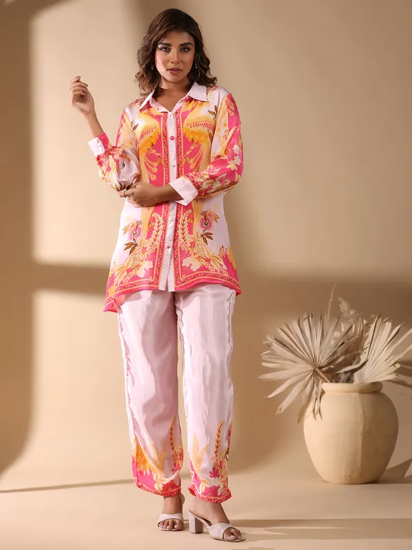 Latest pink satin silk printed co-ord set