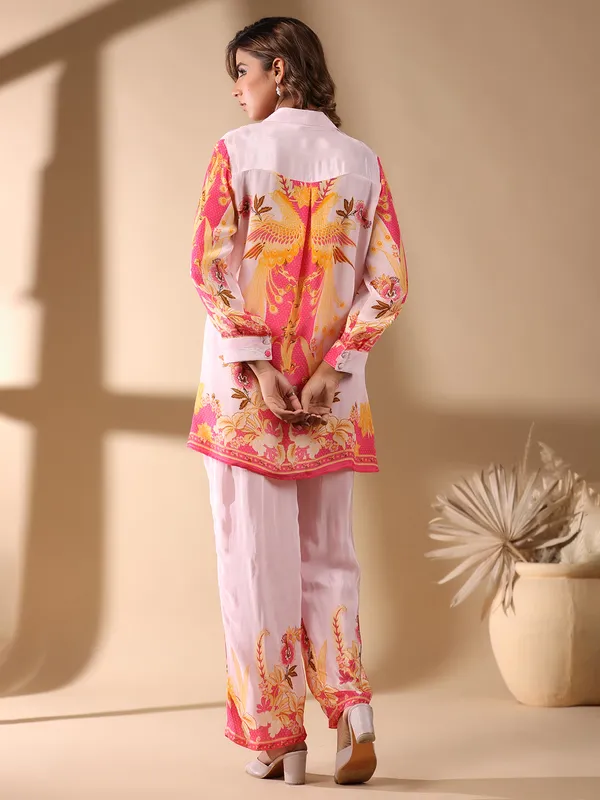 Latest pink satin silk printed co-ord set