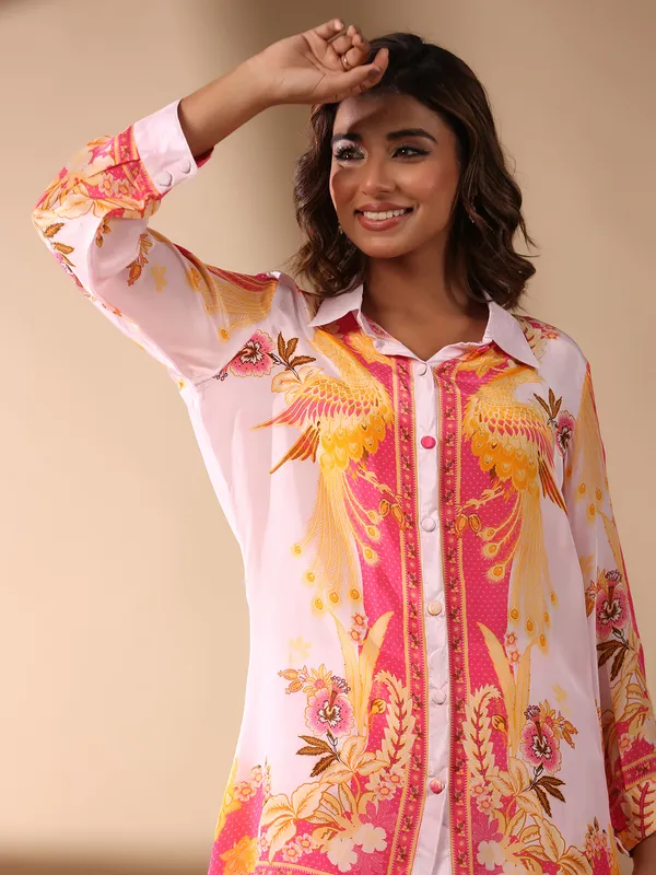 Latest pink satin silk printed co-ord set